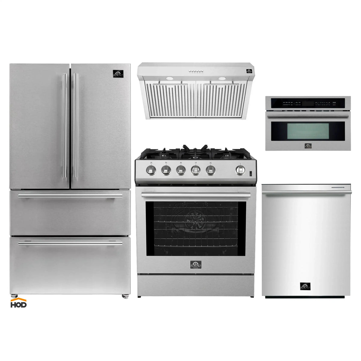 Forno 5-Piece Appliance Package - 30-Inch Gas Range, Under Cabinet Range Hood, Refrigerator, Dishwasher, and 30-Inch Microwave Oven in Stainless Steel