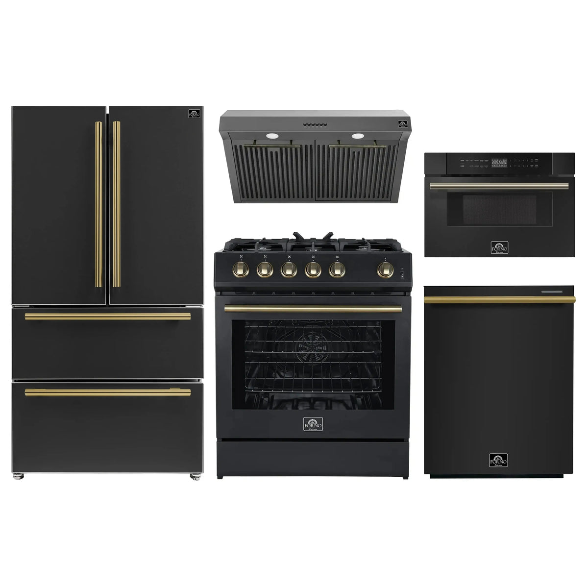 Forno 5-Piece Appliance Package - 30-Inch Gas Range, Under Cabinet Range Hood, Refrigerator, Dishwasher, and 30-Inch Microwave Drawer in Black with Antique Brass Trim