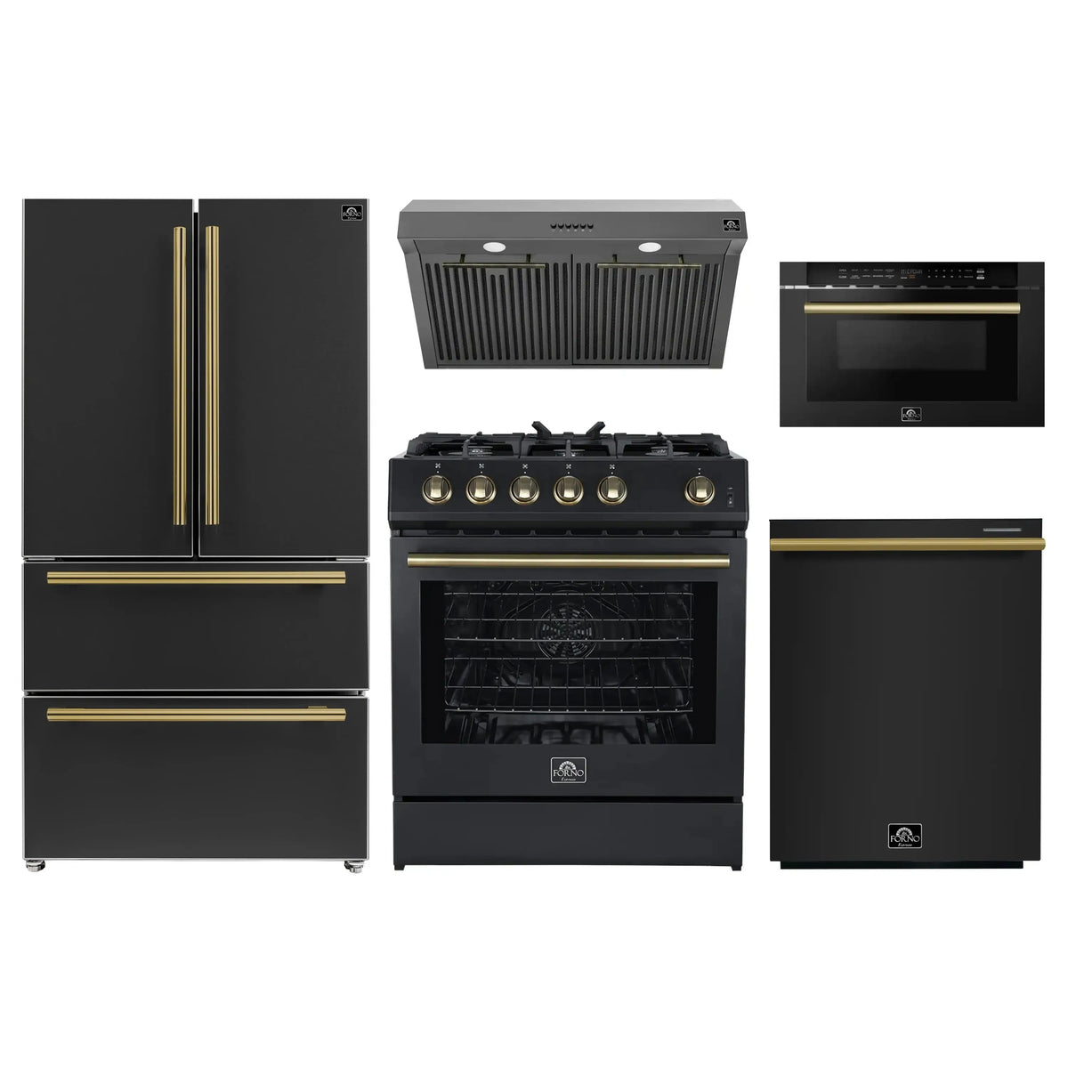 Forno 5-Piece Appliance Package - 30-Inch Gas Range, Under Cabinet Range Hood,  French Door Refrigerator, Dishwasher, and  Microwave Drawer in Black with Antique Brass Trim