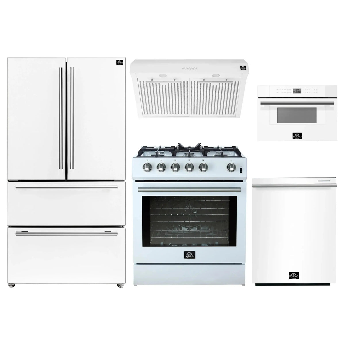 Forno 5-Piece Appliance Package - 30-Inch Gas Range, Under Cabinet Range Hood, Refrigerator, Dishwasher, and 30-Inch Microwave Drawer in White with Stainless Steel Trim