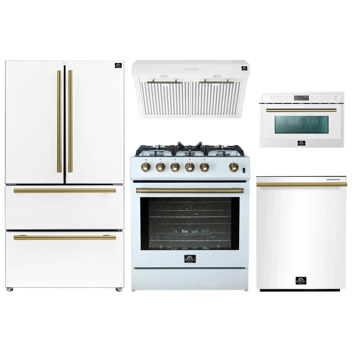 Forno 5-Piece Appliance Package - 30-Inch Gas Range, Under Cabinet Range Hood, Refrigerator, Dishwasher, and 30-Inch Microwave Oven in White with Antique Brass Trim