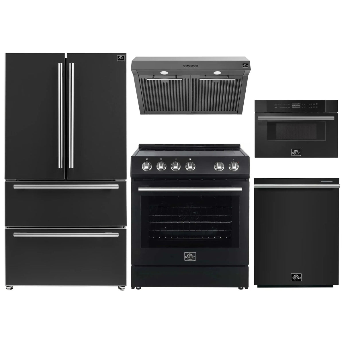 Forno 5-Piece Appliance Package - 30-Inch Electric Range, Under Cabinet Range Hood, French Door Refrigerator, Dishwasher, and 30-Inch Microwave Drawer in Black with Stainless Steel Trim