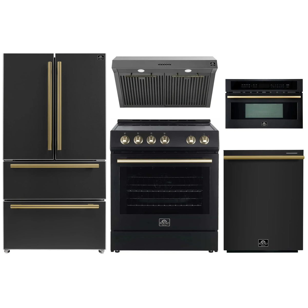 Forno 5-Piece Appliance Package - 30-Inch Electric Range, Under Cabinet Range Hood, Refrigerator, Dishwasher, and 30-Inch Microwave Oven in Black with Antique Brass Trim