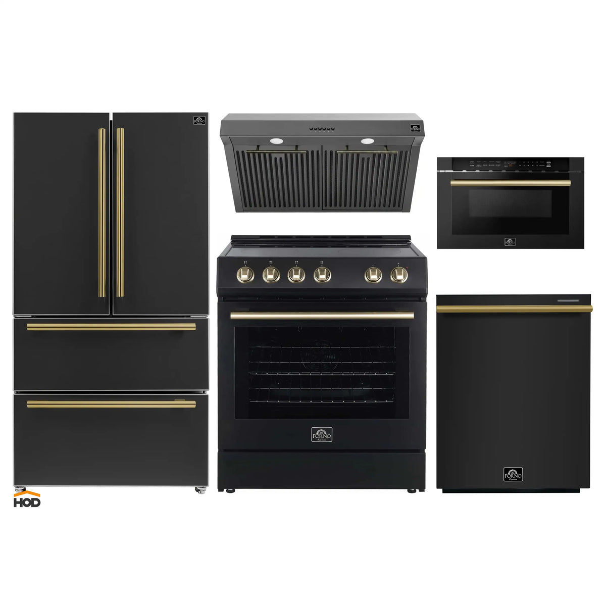 Forno 5-Piece Appliance Package - 30-Inch Electric Range, Under Cabinet Range Hood, French Door Refrigerator, Dishwasher, & 24-Inch Microwave Drawer in Black with Antique Brass Trim