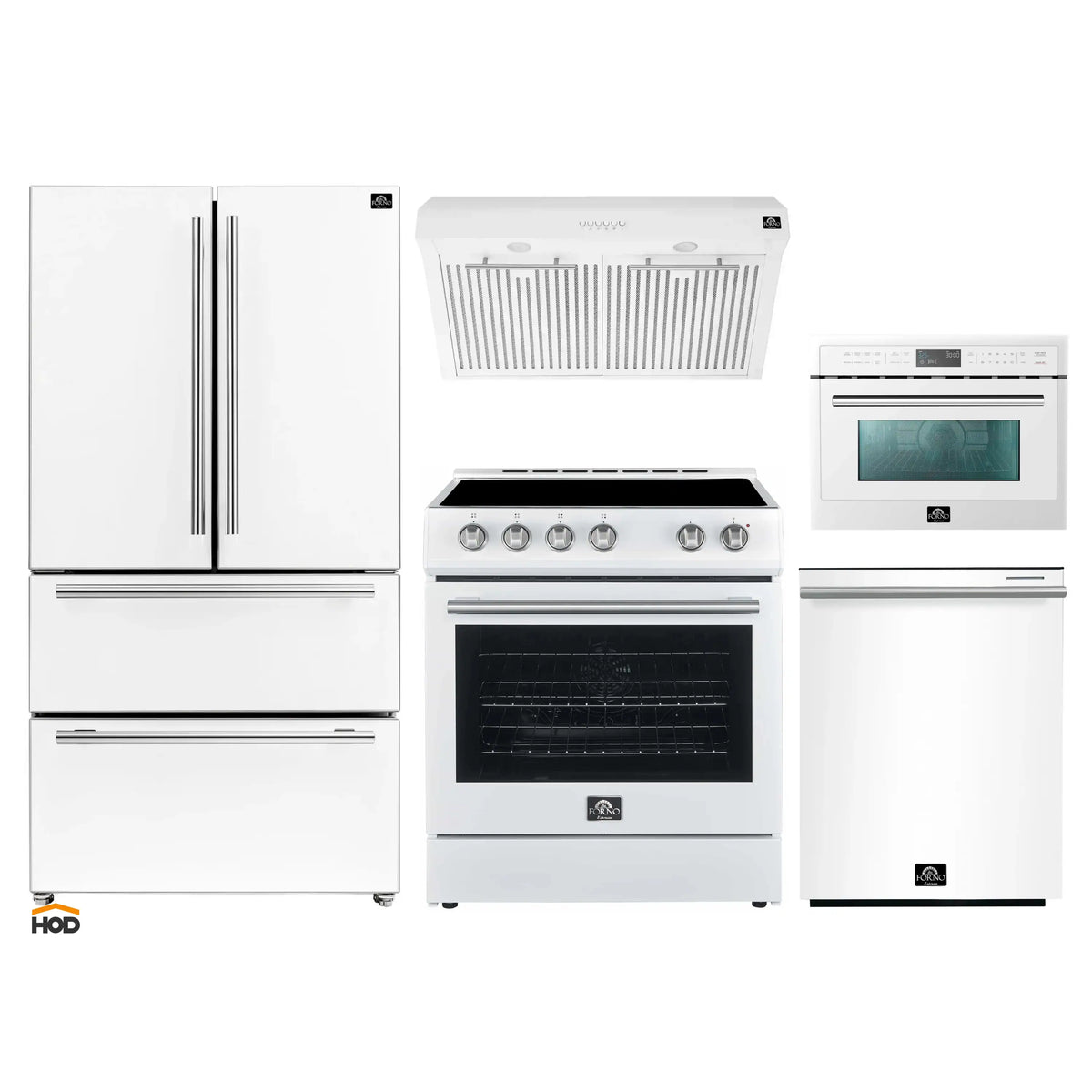 Forno 5-Piece Appliance Package - 30-Inch Electric Range, Under Cabinet Range Hood, Refrigerator, Dishwasher, and  24-Inch Microwave Oven in White with Stainless Steel Trim