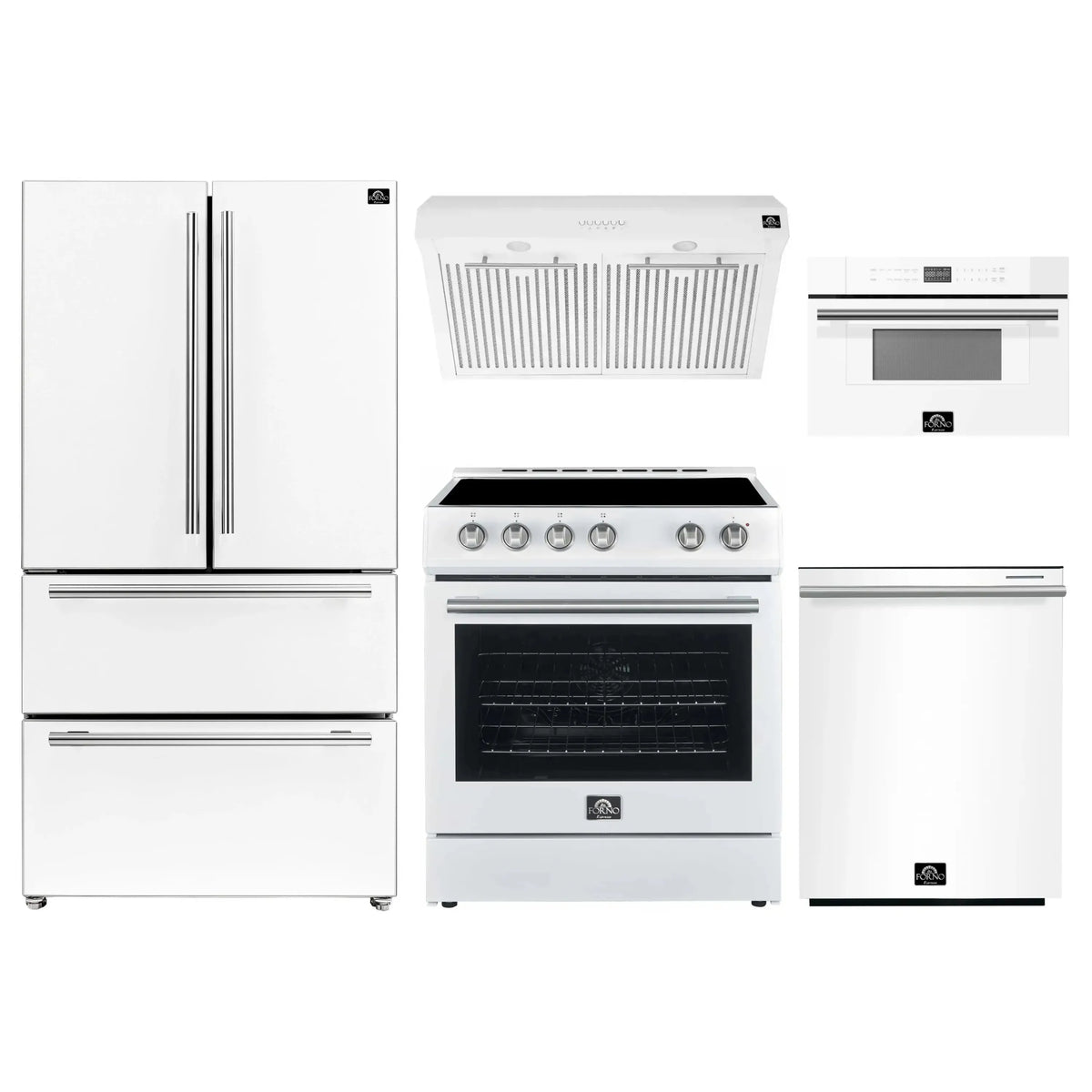 Forno 5-Piece Appliance Package - 30-Inch Electric Range, Under Cabinet Range Hood, Refrigerator, Dishwasher, and 30-Inch Microwave Oven in White with Stainless Steel Trim