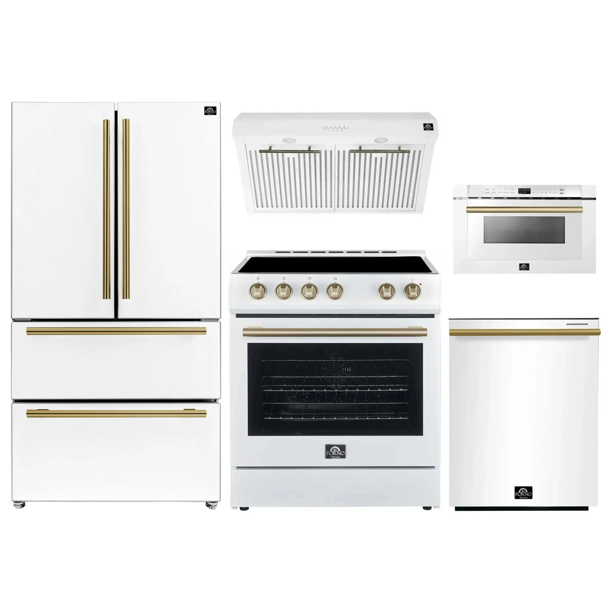 Forno 5-Piece Appliance Package - 30-Inch Electric Range, Under Cabinet Range Hood, French Door Refrigerator, Dishwasher , & Microwave Drawer in White with Antique Brass Trim