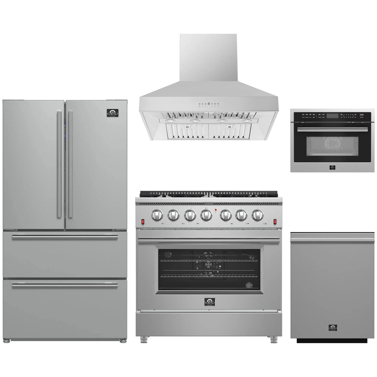 Forno 5-Piece Appliance Package - 36-Inch Gas Range, Refrigerator, Wall Mount Hood, 24-Inch Microwave Oven, & 3-Rack Dishwasher in Stainless Steel