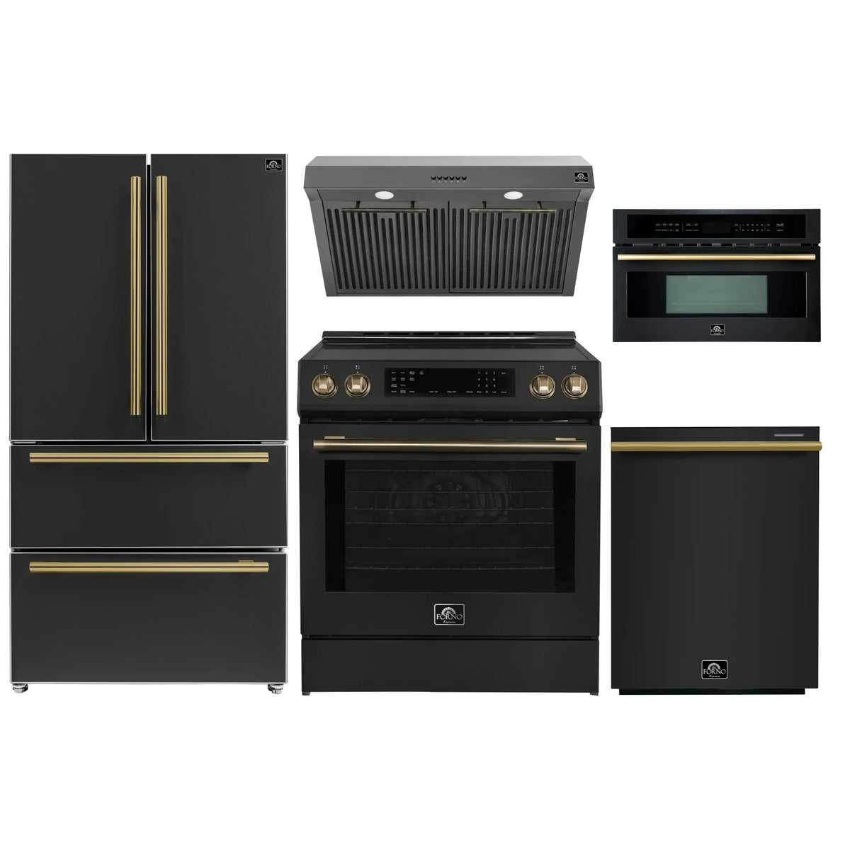 Forno 5-Piece Appliance Package - 30-Inch Induction Range, Under Cabinet Range Hood, Refrigerator, Dishwasher, and 30-Inch Microwave Oven in Black with Antique Brass Trim