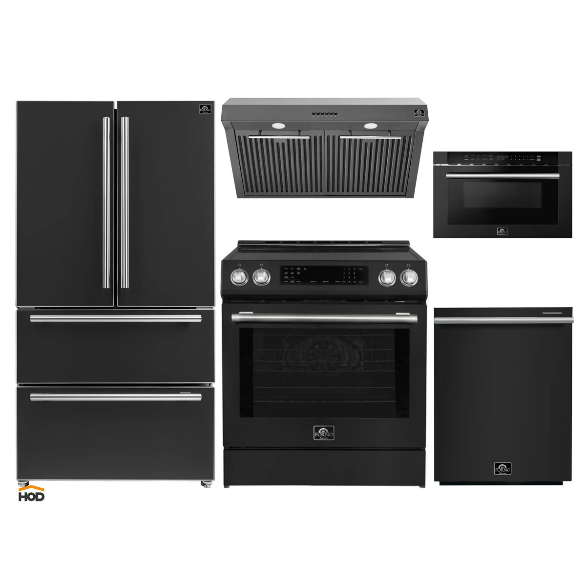 Forno 5-Piece Appliance Package - 30-Inch Induction Range, Under Cabinet Range Hood, Refrigerator, Dishwasher, and 24-Inch Microwave Drawer in Black with Stainless Steel Trim