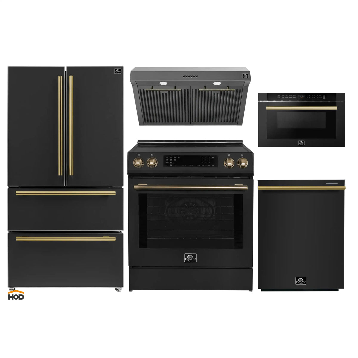 Forno 5-Piece Appliance Package - 30-Inch Induction Range, Under Cabinet Range Hood, Refrigerator, Dishwasher, and 24-Inch Microwave Drawer in Black with Antique Brass Trim