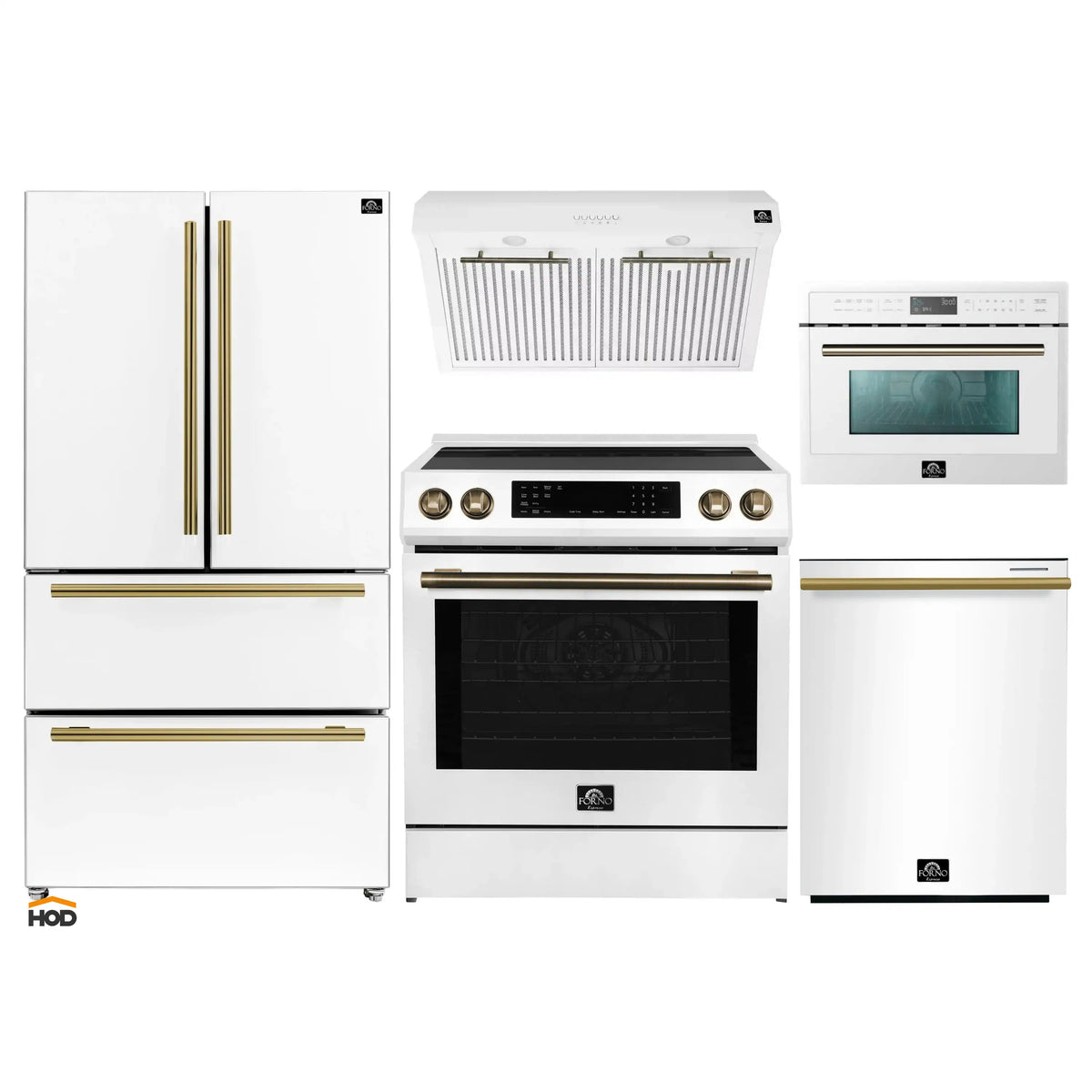 Forno 5-Piece Appliance Package - 30-Inch Inducton Range, Under Cabinet Range Hood, Refrigerator, Dishwasher, and  24-Inch Microwave Oven in White with Antique Brass  Trim