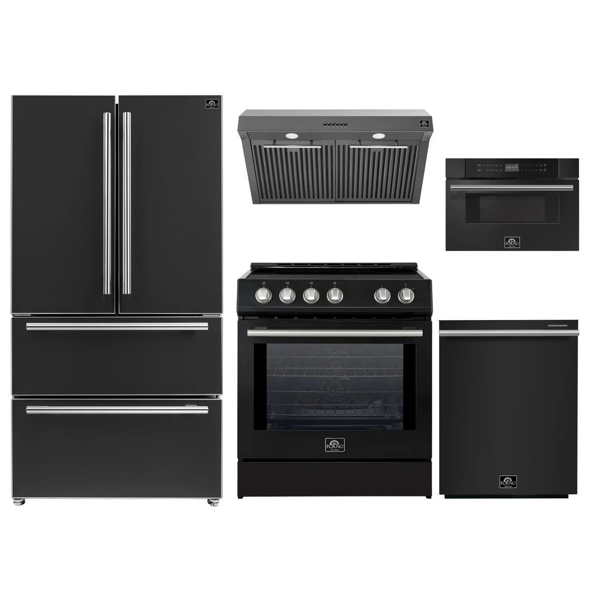Forno 5-Piece Appliance Package - 30-Inch Induction Range, Under Cabinet Range Hood, French Door Refrigerator, Dishwasher, and 30-Inch Microwave Drawer in Black with Stainless Steel Trim