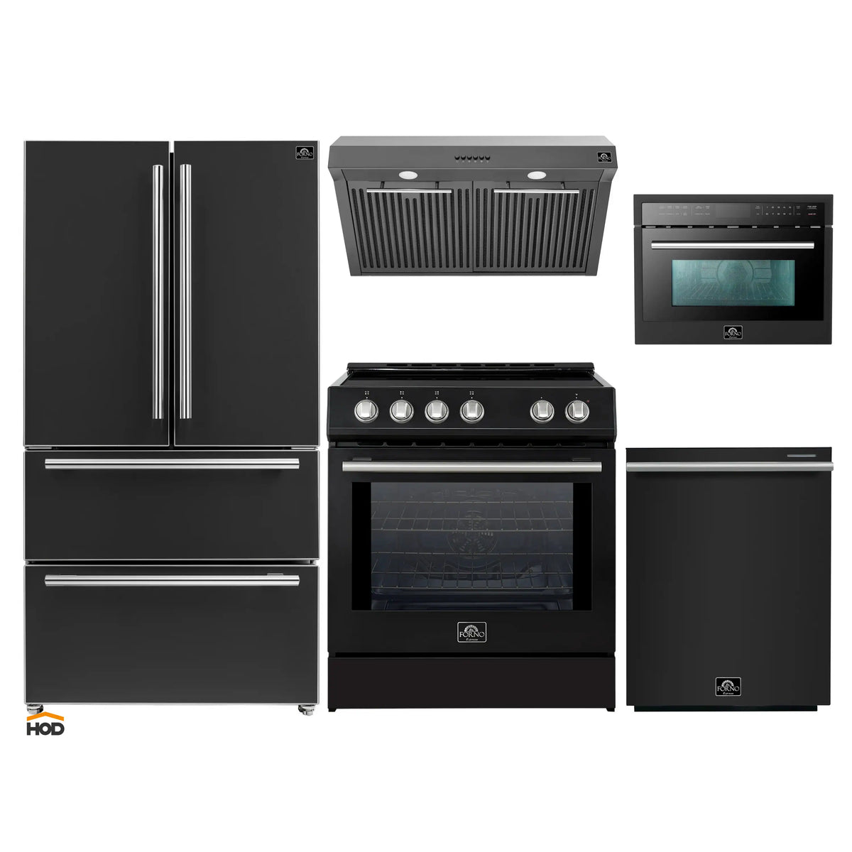 Forno 5-Piece Appliance Package - 30-Inch Inducton Range, Under Cabinet Range Hood, Refrigerator, Dishwasher, and  24-Inch Microwave Oven in Black with Stainless Steel Trim