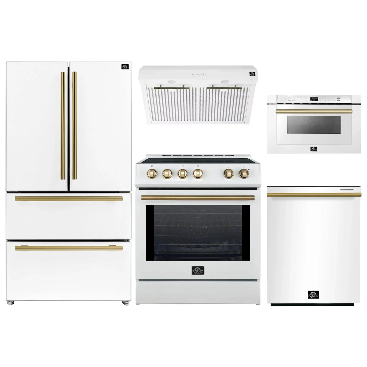Forno 5-Piece Appliance Package - 30-Inch Induction Range, Under Cabinet Range Hood,  French Door Refrigerator, Dishwasher, and  Microwave Drawer in White with Antique Brass Trim