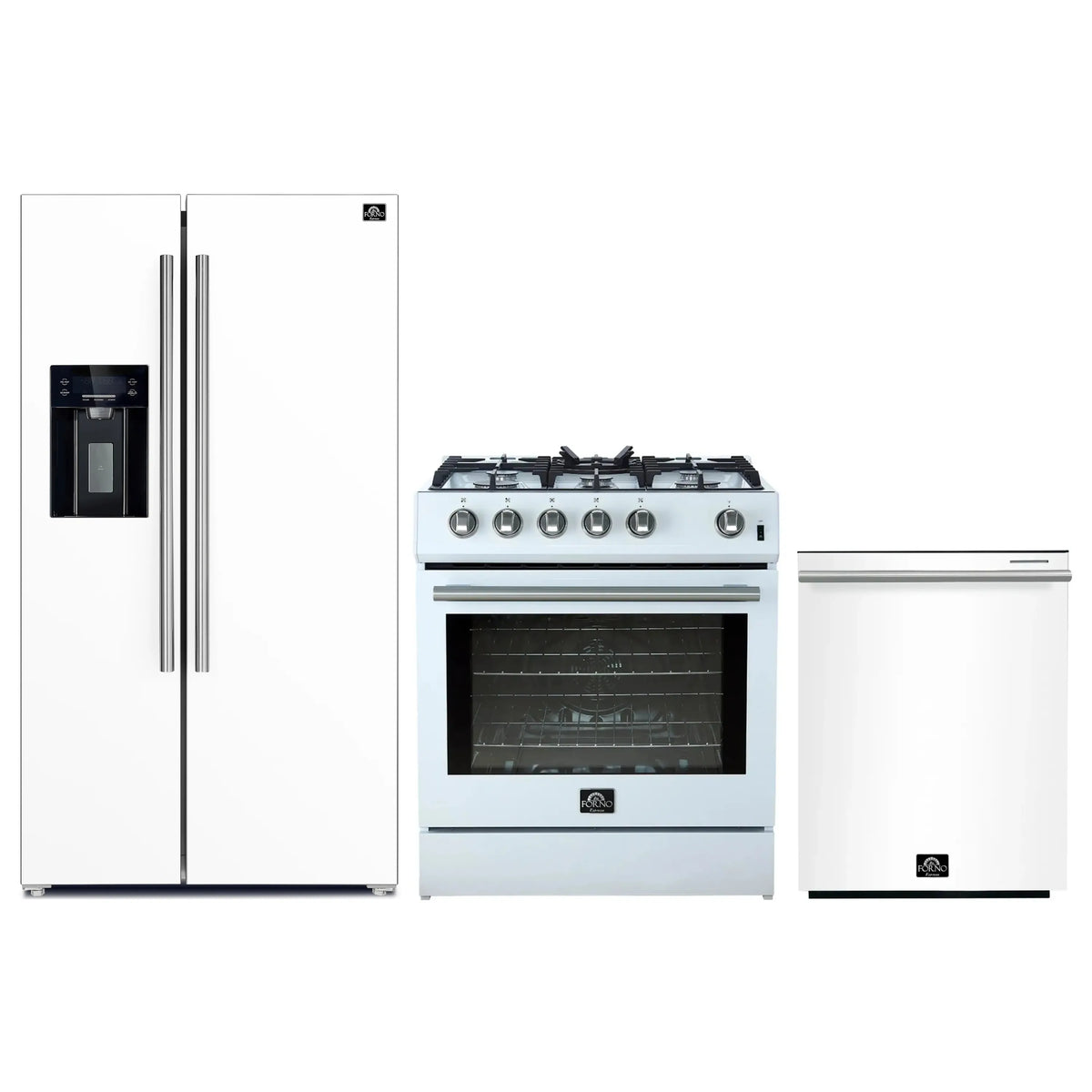 Forno 3-Piece Appliance Package - 30-Inch Gas Range, Refrigerator with Water Dispenser, and Dishwasher in White with Stainless Steel Trim