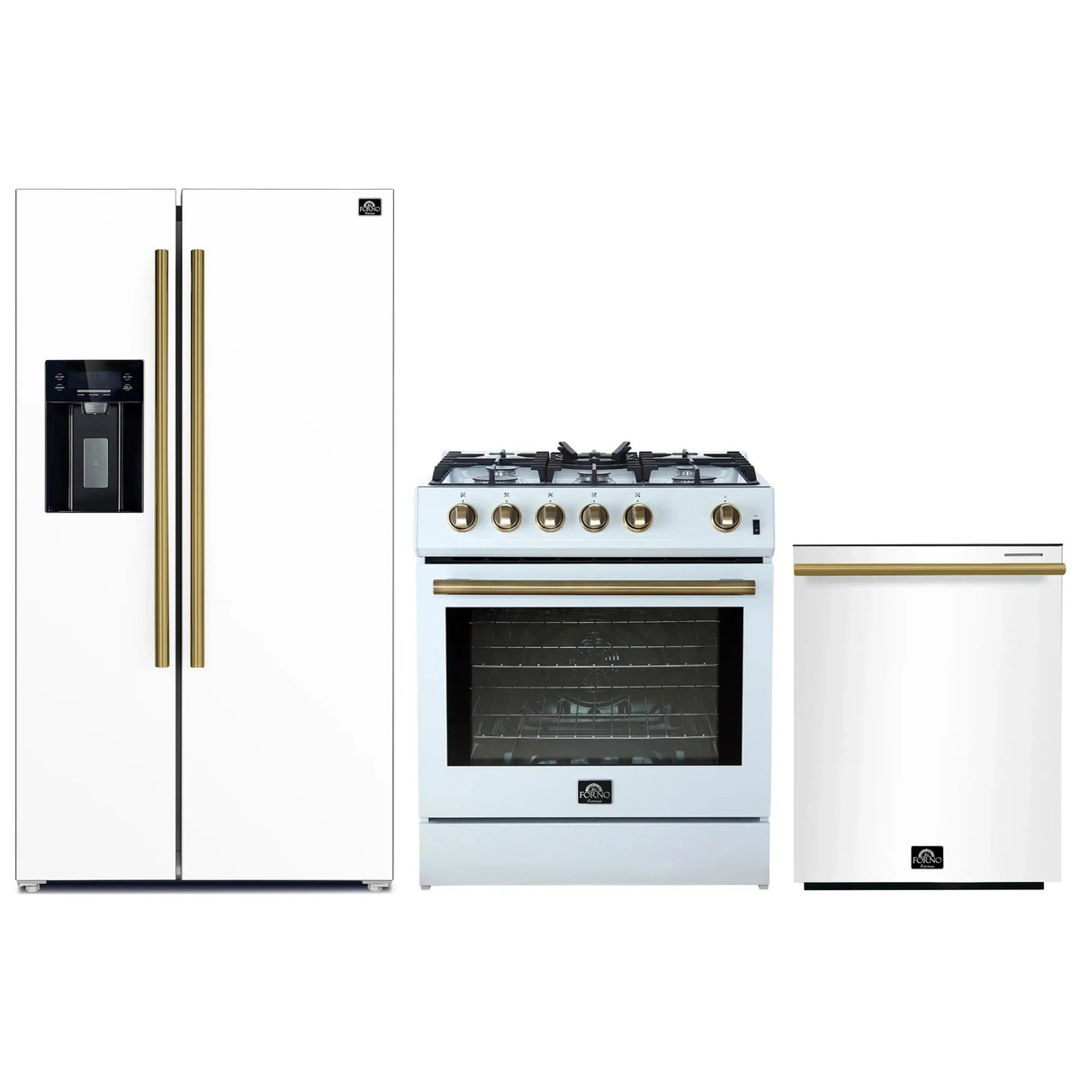 Forno 3-Piece Appliance Package - 30-Inch Gas Range, Refrigerator with Water Dispenser, and Dishwasher in White with Antique Brass Trim