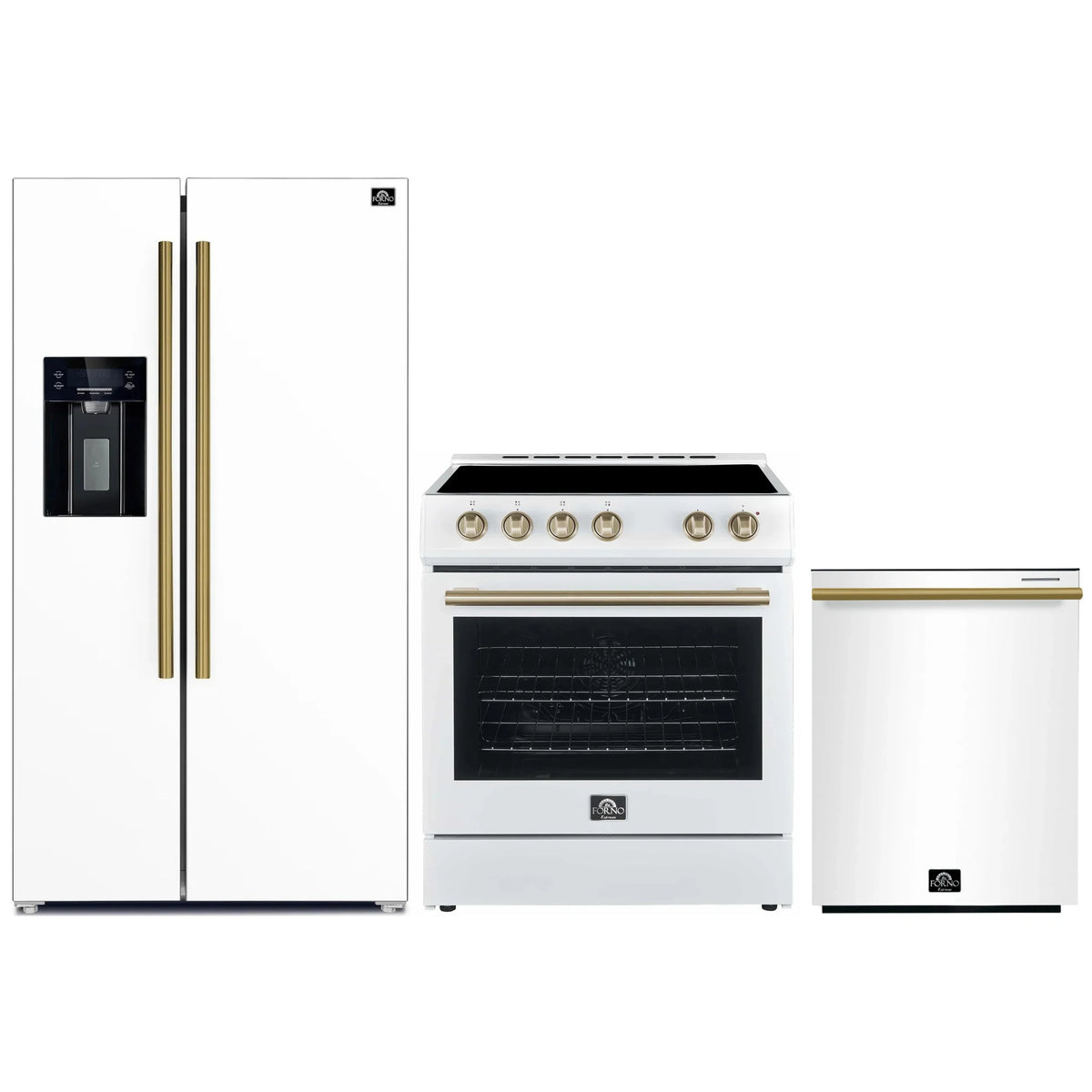 Forno Espresso 3-Piece Appliance Package - 30-Inch Electric Range, Refrigerator with Water Dispenser and Dishwasher in White with Antique Brass Trim