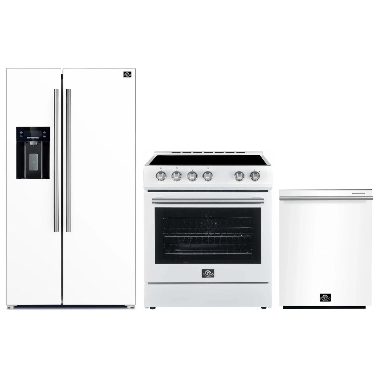 Forno Espresso 3-Piece Appliance Package - 30-Inch Electric Range, Refrigerator with Water Dispenser and Dishwasher in White with Antique Brass Trim