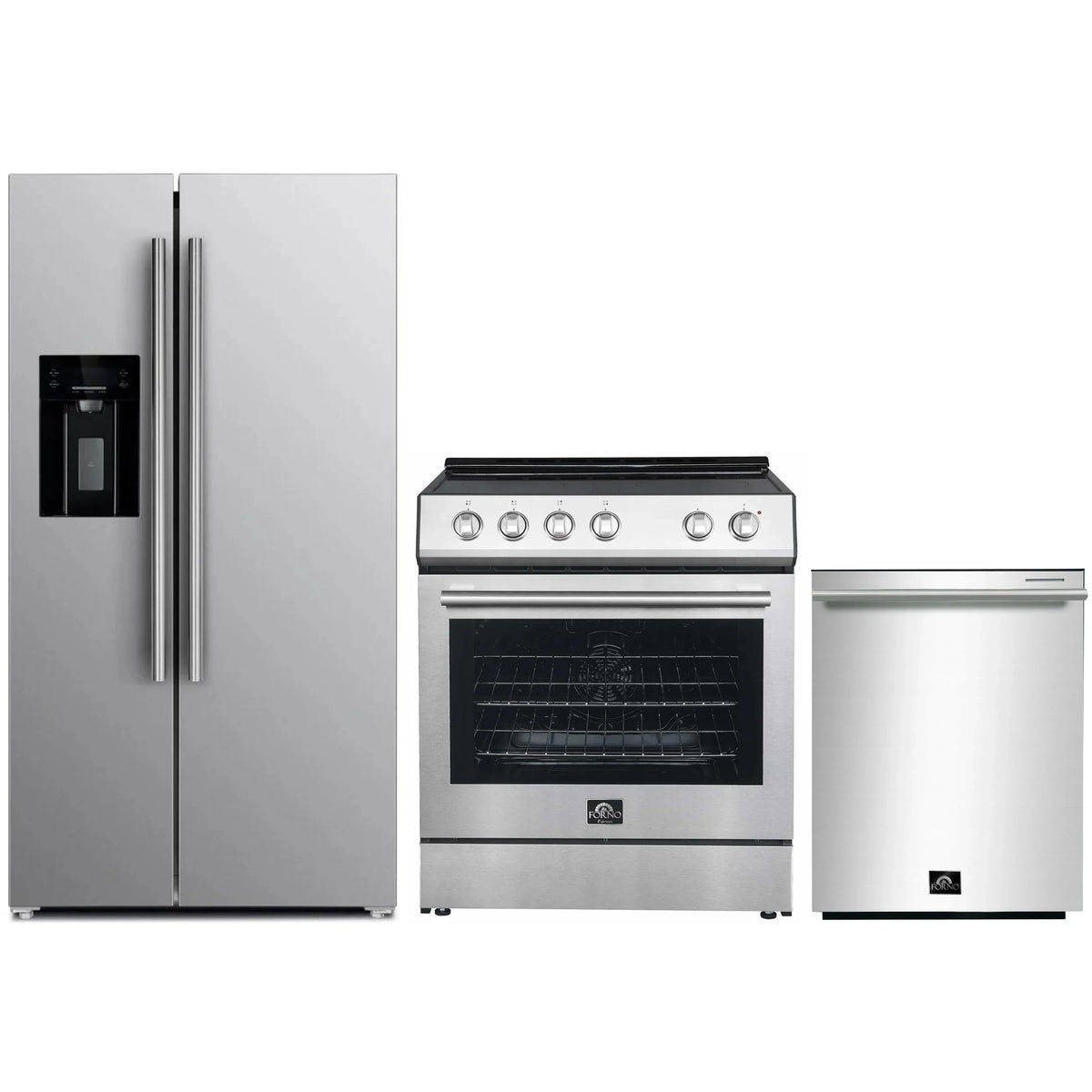 Forno Espresso 3-Piece Appliance Package - 30-Inch Electric Range, Refrigerator with Water Dispenser and Dishwasher in Stainless Steel with Antique Brass Trim