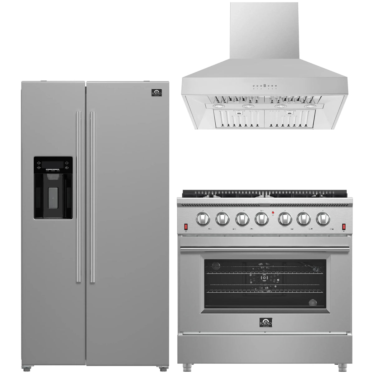 Forno 3-Piece Appliance Package - 36-Inch Gas Range, Refrigerator with Water Dispenser, & Wall Mount Hood in Stainless Steel