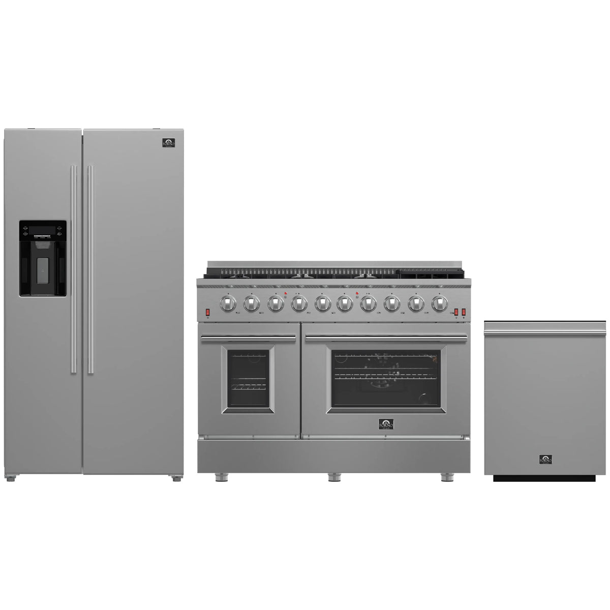 Forno 3-Piece Appliance Package - 48-Inch Gas Range, Refrigerator with Water Dispenser, & Dishwasher in Stainless Steel