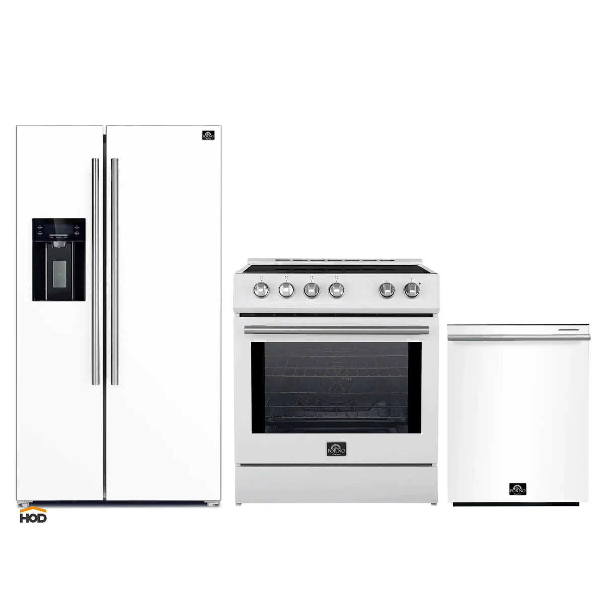 Forno 3-Piece Appliance Package - 30-Inch Induction Range, Refrigerator with Water Dispenser, and Dishwasher in White with Stainless Steel Trim