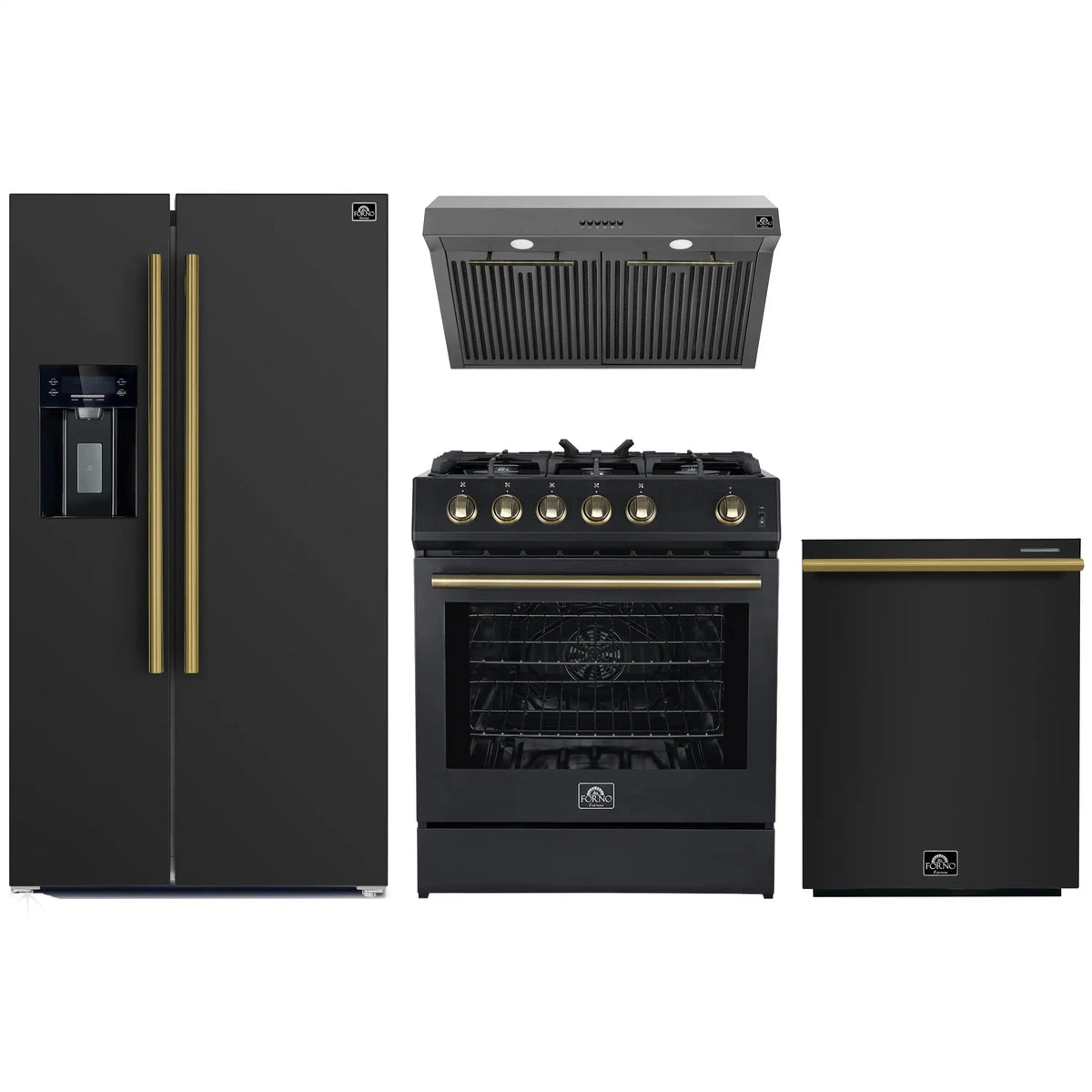 Forno 4-Piece Appliance Package: 30-Inch Gas Range, Hood, Water Dispenser Refrigerator, Dishwasher, Black with Antique Brass Trim