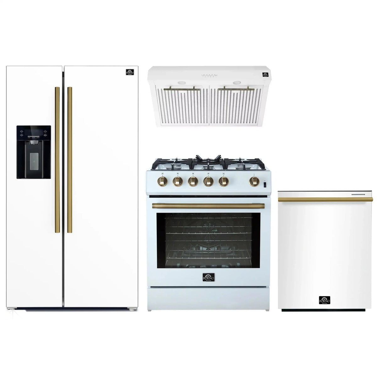 Forno 4-Piece Appliance Package: 30-Inch Gas Range, Hood, Water Dispenser Refrigerator, Dishwasher, White with Antique Brass Trim