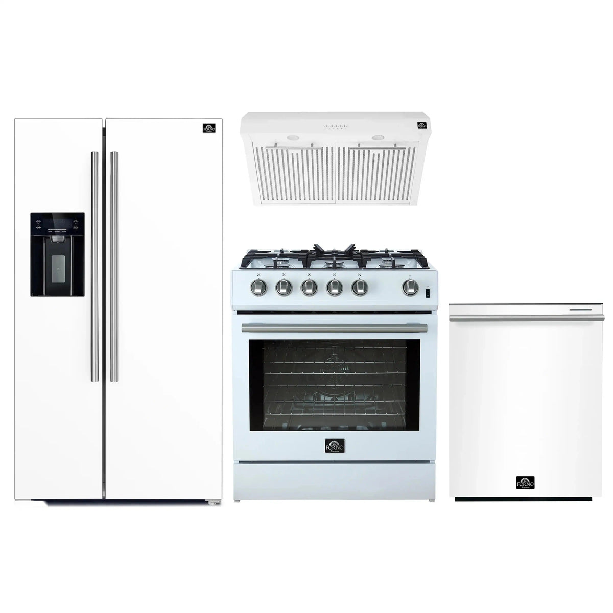 Forno 4-Piece Appliance Package: 30-Inch Gas Range, Hood, Water Dispenser Refrigerator, Dishwasher, White with Stainless Steel Trim