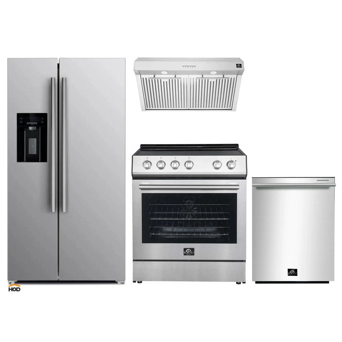 Forno Espresso 4-Piece Appliance Package - 30-Inch Electric Range, Under Cabinet Range Hood, Refrigerator with Water Dispenser and Dishwasher in Stainless Steel with Antique Brass Trim