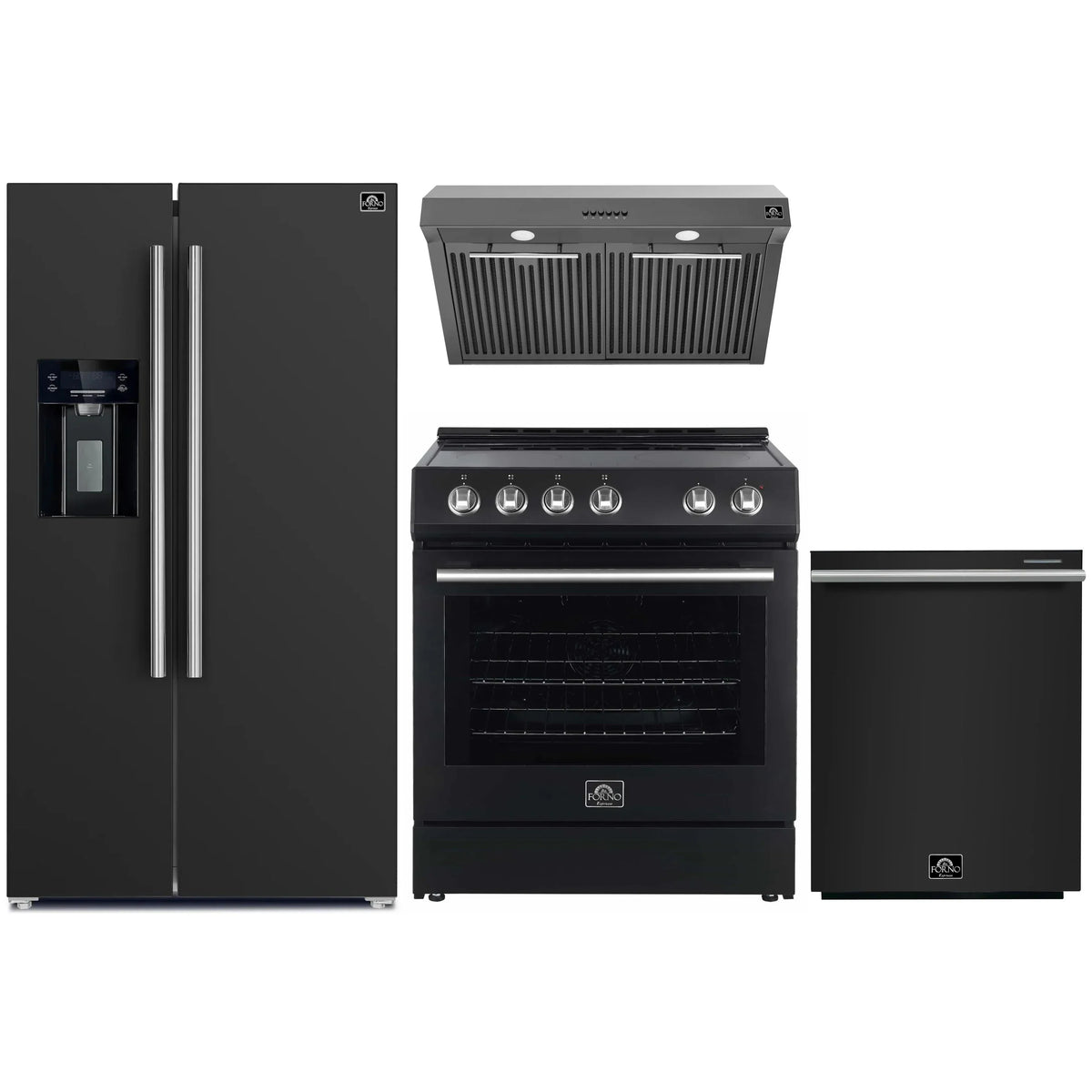 Forno Espresso 4-Piece Appliance Package - 30-Inch Electric Range, Under Cabinet Range Hood, Refrigerator with Water Dispenser and Dishwasher in Black with Antique Brass Trim