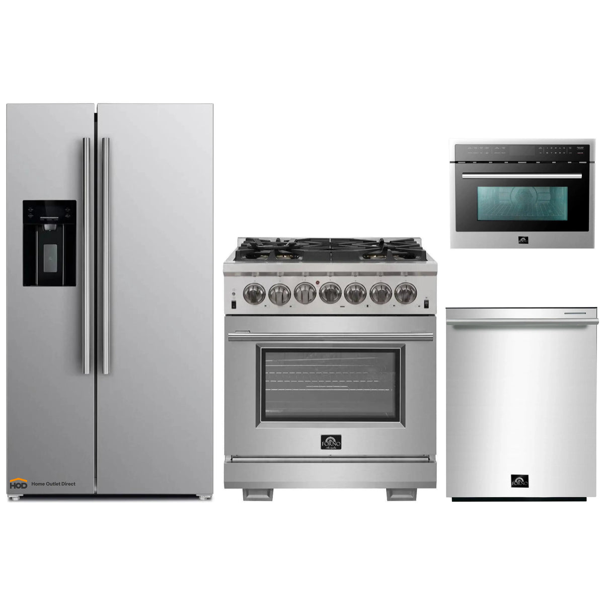 Forno 4-Piece Pro Appliance Package - 30-Inch Dual Fuel Range, Refrigerator with Water Dispenser, 24-Inch Microwave Oven, & 3-Rack Dishwasher in Stainless Steel