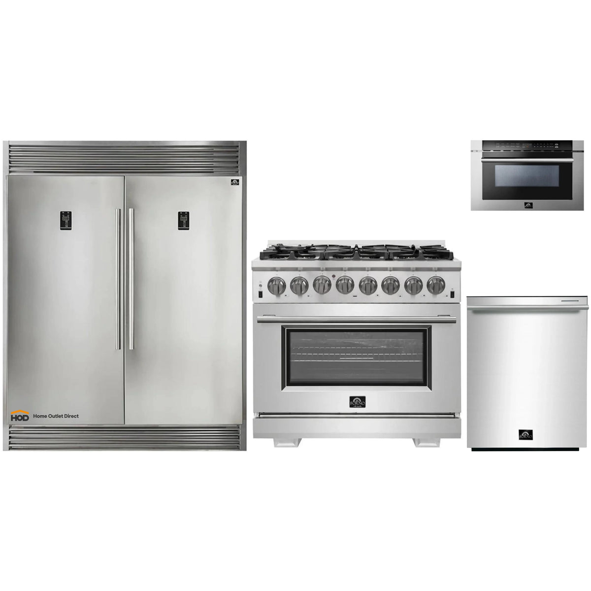 Forno 4-Piece Pro Appliance Package - 36-Inch Dual Fuel Range, Refrigerator with Water Dispenser, 24-Inch Microwave Drawer, & 3-Rack Dishwasher in Stainless Steel