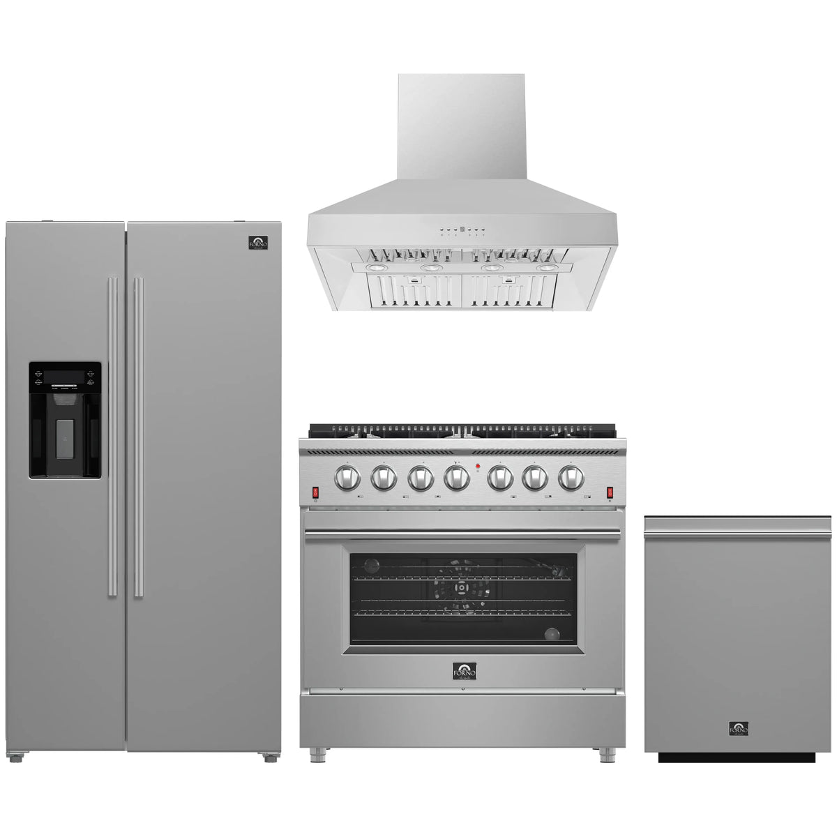 Forno 4-Piece Appliance Package - 36-Inch Gas Range, Refrigerator with Water Dispenser, Wall Mount Hood, & 3-Rack Dishwasher in Stainless Steel