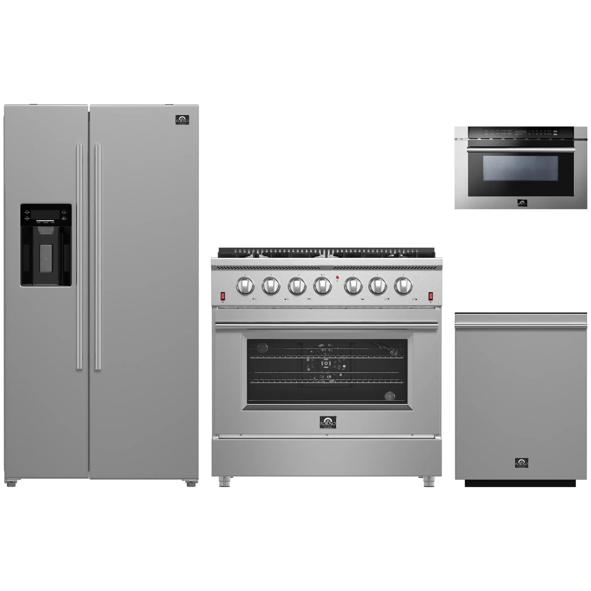 Forno 4-Piece Appliance Package - 36-Inch Gas Range, Refrigerator with Water Dispenser, 24-Inch Microwave Drawer, & 3-Rack Dishwasher in Stainless Steel