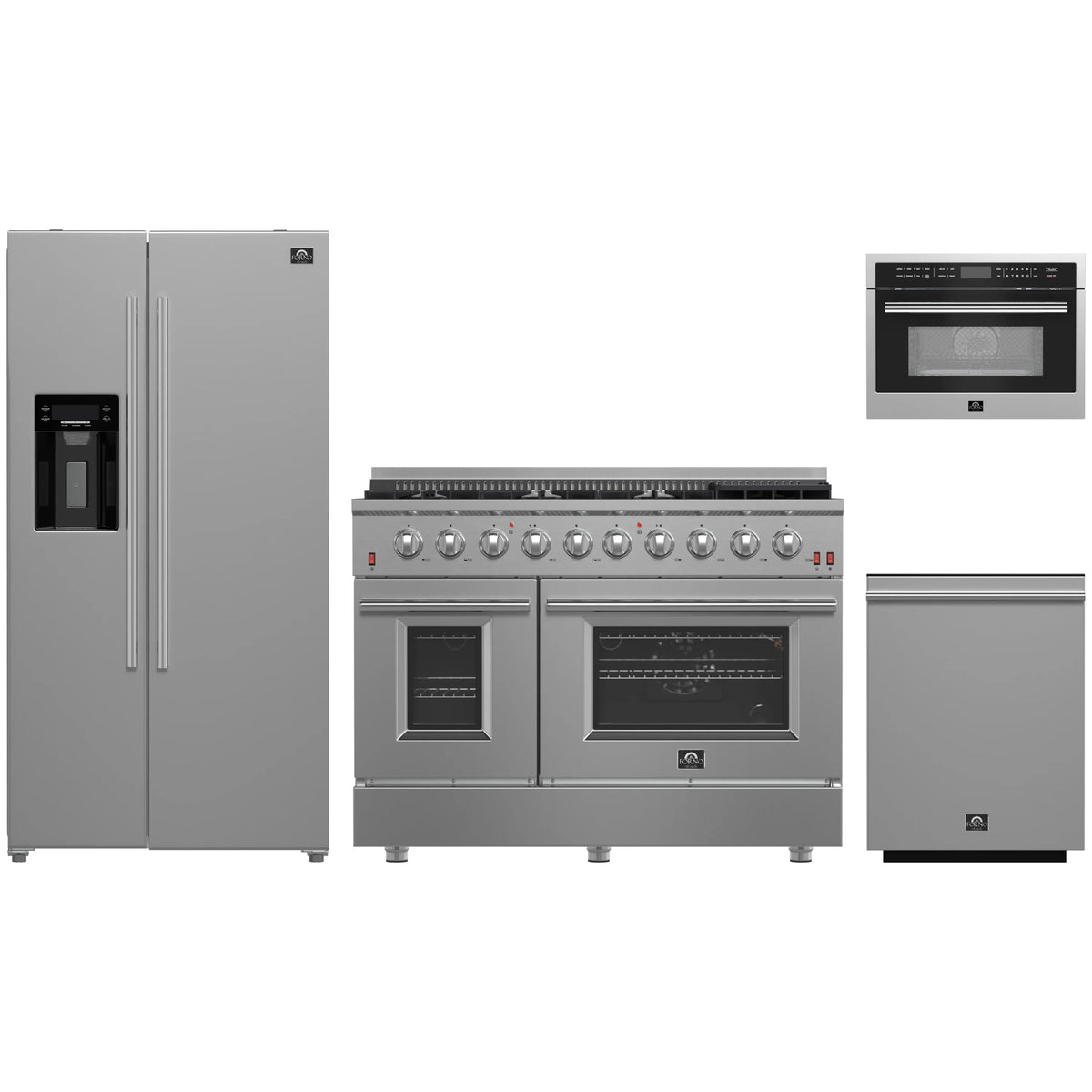 Forno 4-Piece Appliance Package - 48-Inch Gas Range, Refrigerator with Water Dispenser, 24-Inch Microwave Oven, & 3-Rack Dishwasher in Stainless Steel