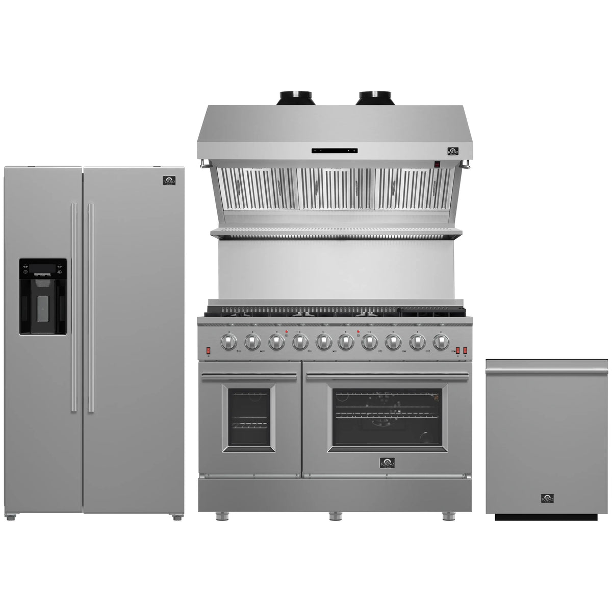 Forno 4-Piece Appliance Package - 48-Inch Gas Range, Refrigerator with Water Dispenser, Wall Mount Hood with Backsplash, & 3-Rack Dishwasher in Stainless Steel