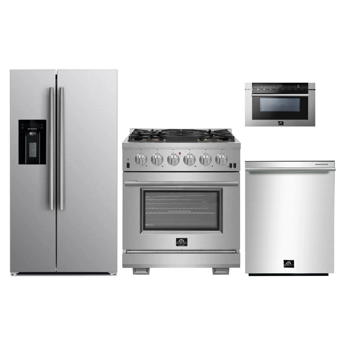 Forno 4-Piece Pro Appliance Package - 30-Inch Gas Range, Refrigerator with Water Dispenser, 24-Inch Microwave Drawer, & 3-Rack Dishwasher in Stainless Steel