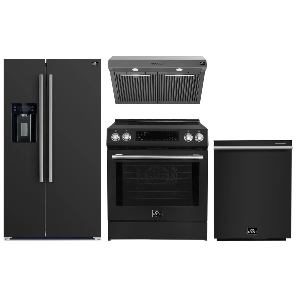 Forno Espresso 4-Piece Appliance Package - 30-Inch Induction Range, Under Cabinet Range Hood, Refrigerator with Water Dispenser and Dishwasher in Black with Antique Brass Trim
