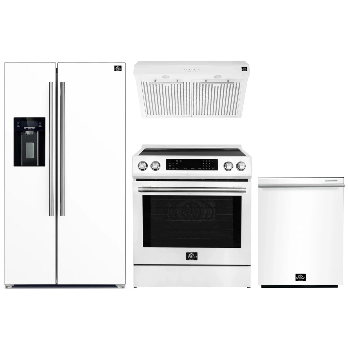 Forno Espresso 4-Piece Appliance Package - 30-Inch Induction Range, Under Cabinet Range Hood, Refrigerator with Water Dispenser and Dishwasher in White with Antique Brass Trim