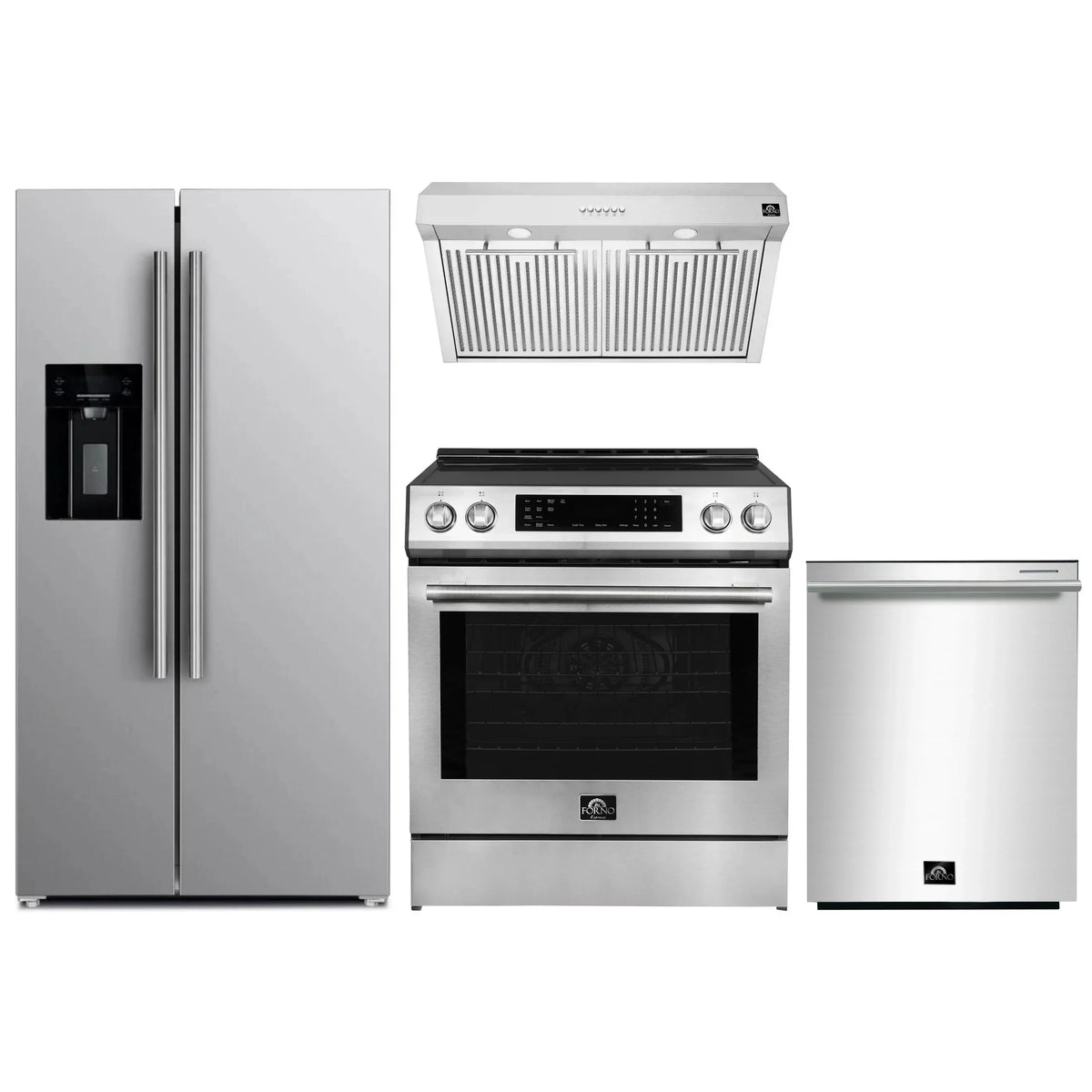 Forno Espresso 4-Piece Appliance Package - 30-Inch Induction Range, Under Cabinet Range Hood, Refrigerator with Water Dispenser and Dishwasher in Stainless Steel with Antique Brass Trim