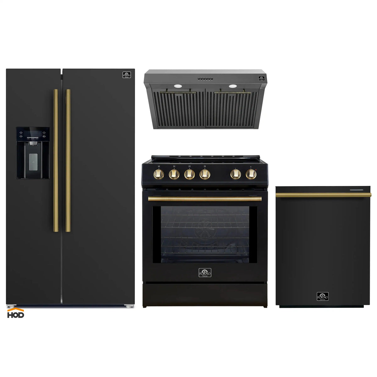 Forno 4-Piece Appliance Package - 30-Inch Induction Range, Under Cabinet Range Hood, French Door Refrigerator with Water Dispenser, and Dishwasher in Black with Antique Brass Trim