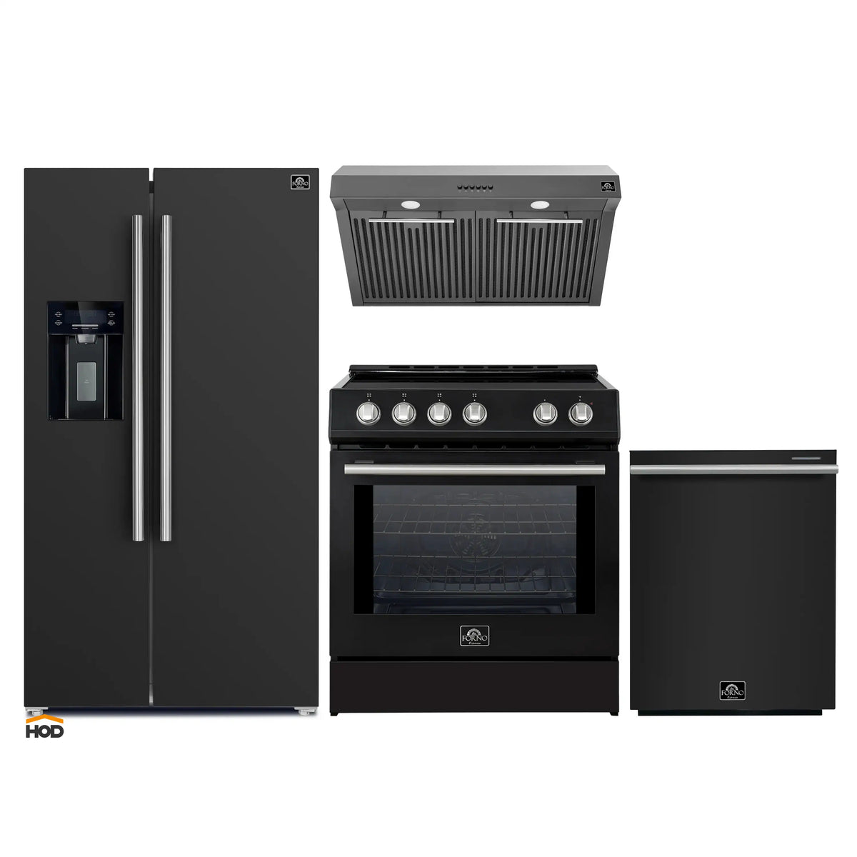 Forno 4-Piece Appliance Package - 30-Inch Induction Range, Under Cabinet Range Hood, French Door Refrigerator with Water Dispenser, and Dishwasher in Black with Stainless Steel Trim