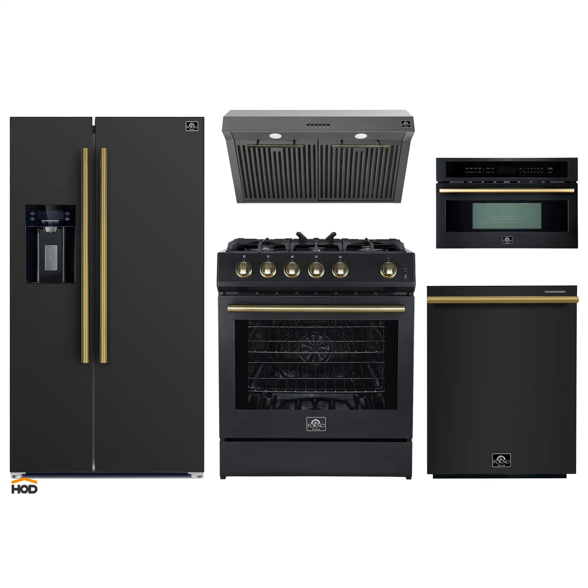 Forno 5-Piece Appliance Package - 30-Inch Gas Range, Under Cabinet Range Hood, Refrigerator with Water Dispenser, Dishwasher, and 30-Inch Microwave Oven in Black with Antique Brass Trim