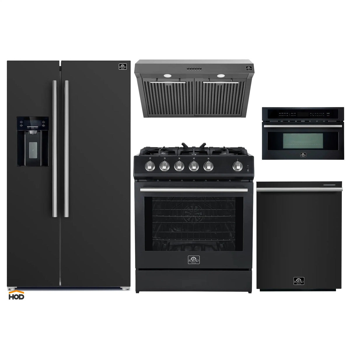 Forno 5-Piece Appliance Package - 30-Inch Gas Range, Under Cabinet Range Hood, Refrigerator with Water Dispenser, Dishwasher, and 30-Inch Microwave Oven in Black with Stainless Steel Trim