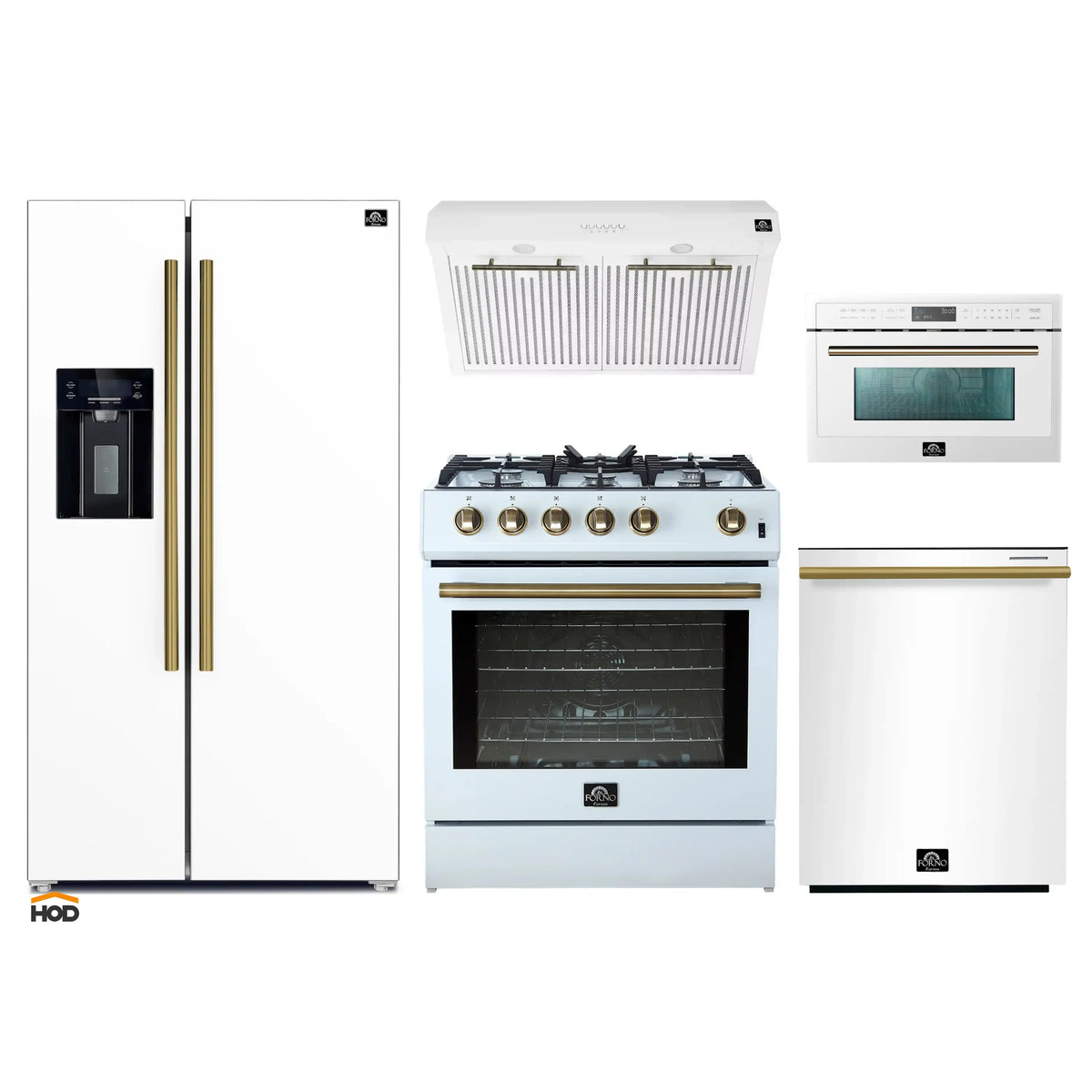 Forno 5-Piece Appliance Package - 30-Inch Gas Range, Under Cabinet Range Hood, Refrigerator with Water Dispenser, Dishwasher, and 30-Inch Microwave Oven in White with Antique Brass Trim