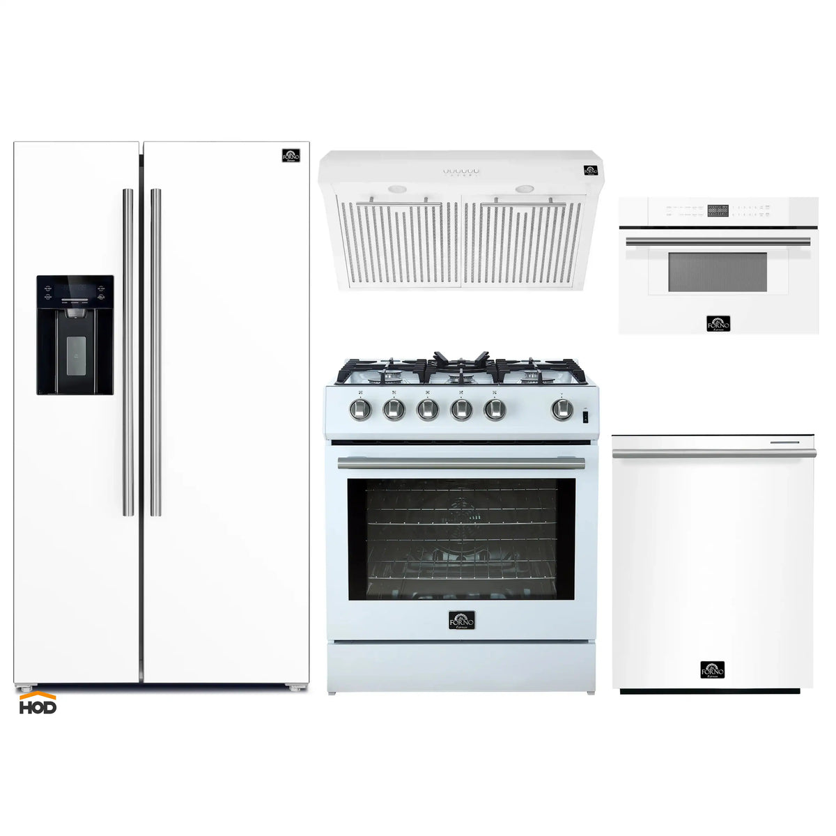 Forno 5-Piece Appliance Package - 30-Inch Gas Range, Under Cabinet Range Hood, Refrigerator with Water Dispenser, Dishwasher, and 30-Inch Microwave Oven in White with Stainless Steel Trim