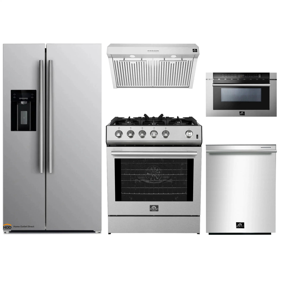 Forno 5-Piece Appliance Package - 30-Inch Gas Range, Under Cabinet Range Hood, Refrigerator with Water Dispenser, Dishwasher, and  Microwave Drawer in Stainless Steel