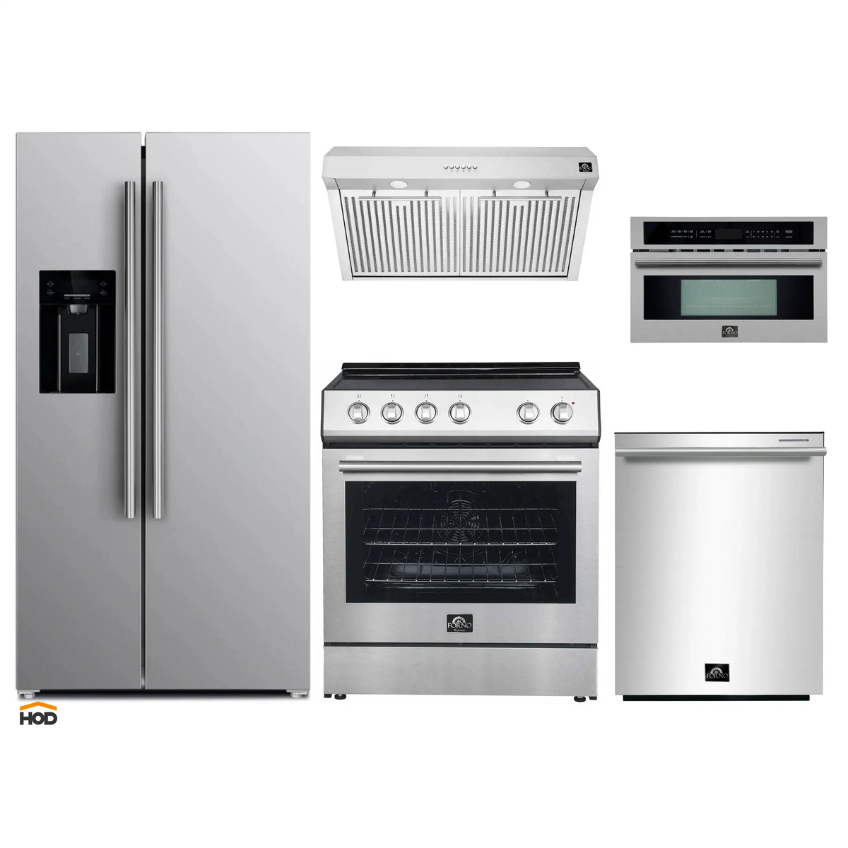 Forno 5-Piece Appliance Package - 30-Inch Electric Range, Under Cabinet Range Hood, Refrigerator with Water Dispenser, Dishwasher, and 30-Inch Microwave Drawer in Stainless Steel